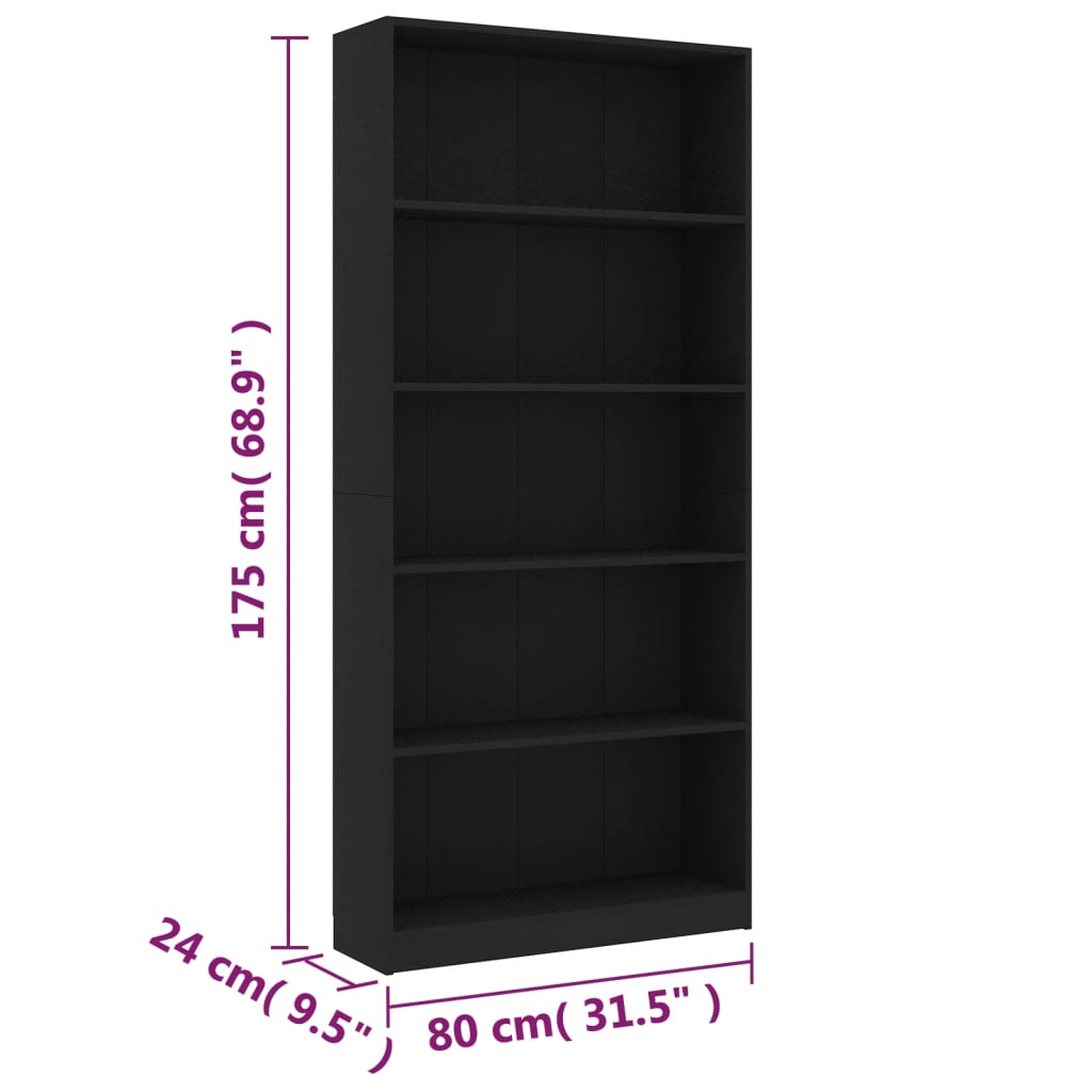 vidaXL Bibliotecă cu 5 rafturi, negru, 80x24x175 cm, lemn prelucrat vidaXL Bibliotecă cu 5 rafturi, negru, 80x24x175 cm, lemn prelucrat