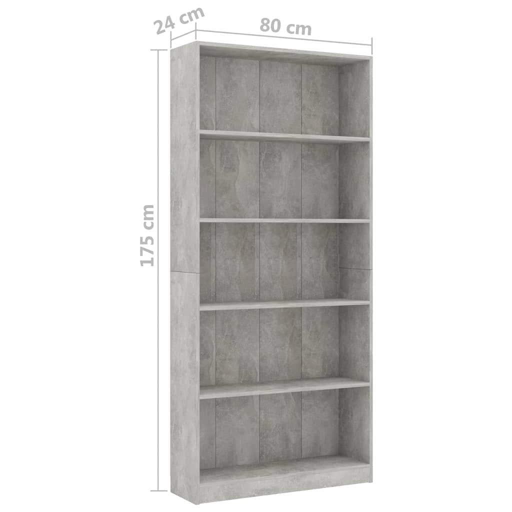vidaXL Bibliotecă cu 5 rafturi gri beton, 80x24x175 cm, lemn prelucrat