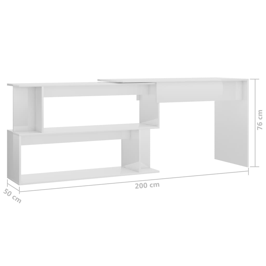 vidaXL Birou de colț, alb extralucios, 200x50x76 cm, lemn prelucrat