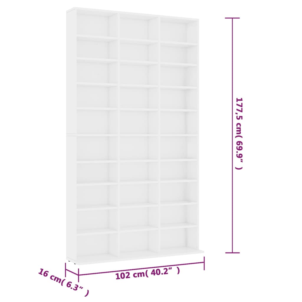 vidaXL Dulap pentru CD-uri, alb, 102x16x177,5 cm, lemn compozit