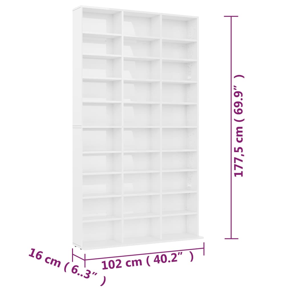 vidaXL Dulap CD-uri, alb extralucios, 102x16x177,5 cm, lemn compozit