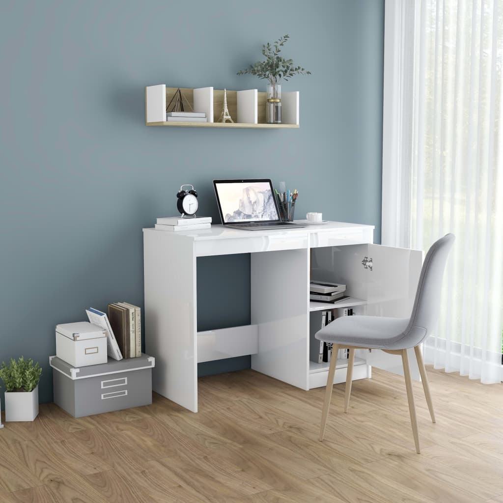 vidaXL Birou, alb extralucios, 100x50x76 cm, lemn prelucrat vidaXL Birou, alb extralucios, 100x50x76 cm, lemn prelucrat