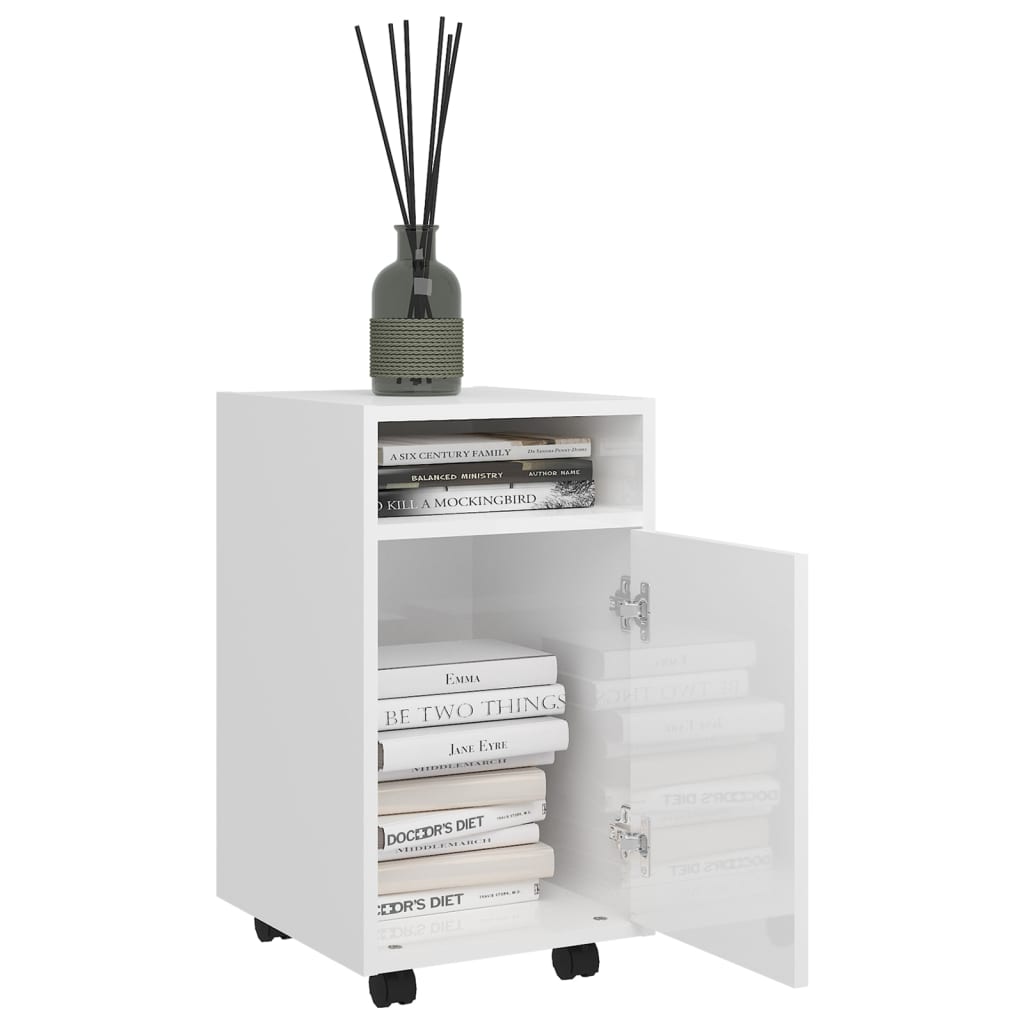 vidaXL Dulap lateral cu roți alb extralucios 33x38x60cm lemn prelucrat vidaXL Dulap lateral cu roți alb extralucios 33x38x60cm lemn prelucrat