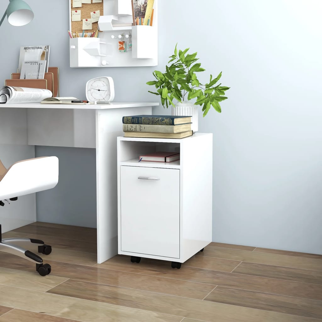 vidaXL Dulap lateral cu roți alb extralucios 33x38x60cm lemn prelucrat vidaXL Dulap lateral cu roți alb extralucios 33x38x60cm lemn prelucrat