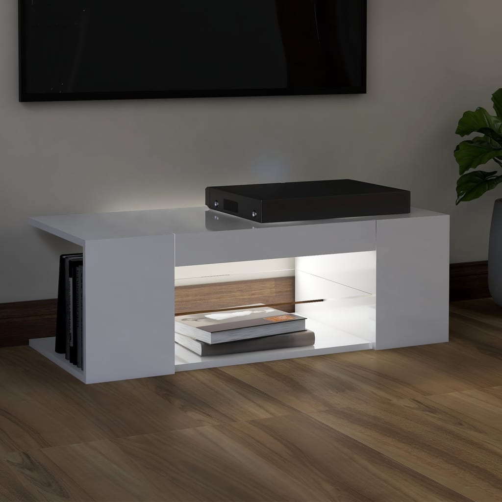 vidaXL Comodă TV cu lumini LED, alb extralucios, 90x39x30 cm vidaXL Comodă TV cu lumini LED, alb extralucios, 90x39x30 cm