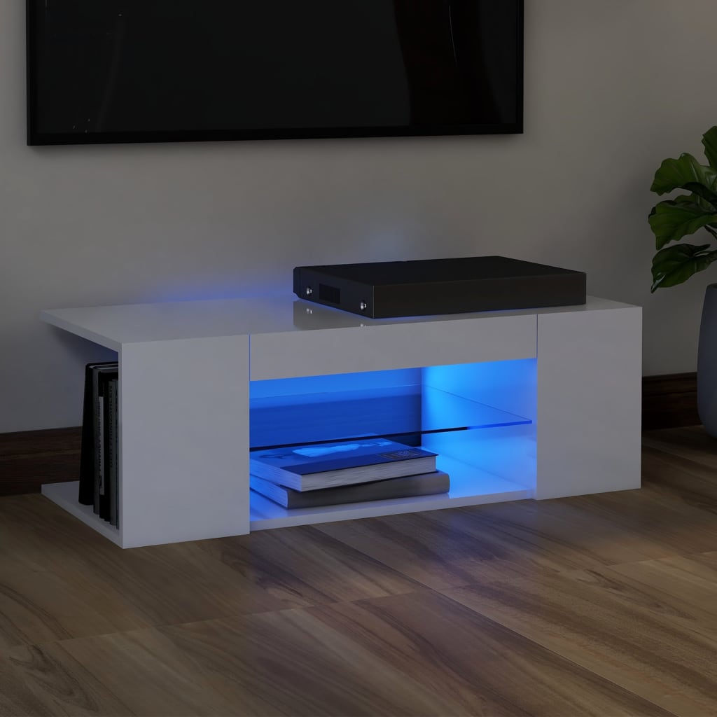 vidaXL Comodă TV cu lumini LED, alb extralucios, 90x39x30 cm vidaXL Comodă TV cu lumini LED, alb extralucios, 90x39x30 cm