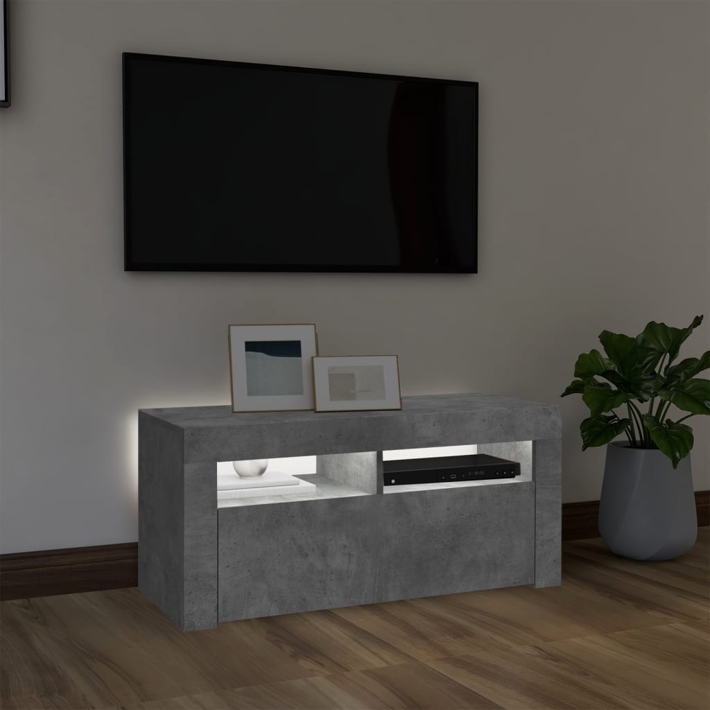 vidaXL Comodă TV cu lumini LED, gri beton, 90x35x40 cm vidaXL Comodă TV cu lumini LED, gri beton, 90x35x40 cm