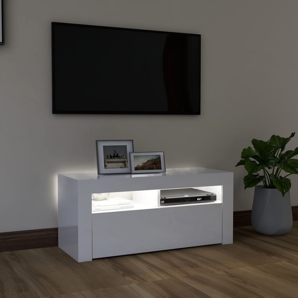 vidaXL Comodă TV cu lumini LED, alb extralucios, 90x35x40 cm vidaXL Comodă TV cu lumini LED, alb extralucios, 90x35x40 cm