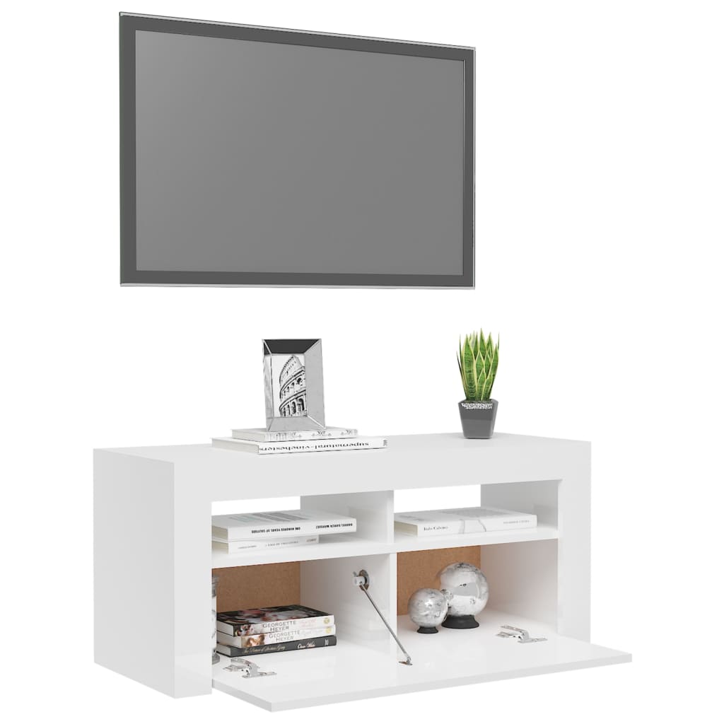 vidaXL Comodă TV cu lumini LED, alb extralucios, 90x35x40 cm vidaXL Comodă TV cu lumini LED, alb extralucios, 90x35x40 cm