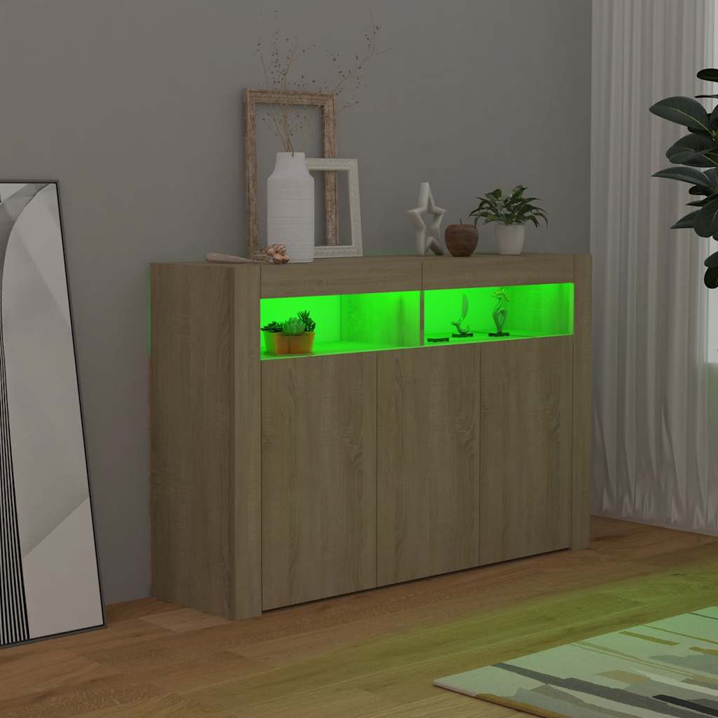 vidaXL Servantă cu lumini LED, stejar Sonoma, 115,5x30x75 cm vidaXL Servantă cu lumini LED, stejar Sonoma, 115,5x30x75 cm