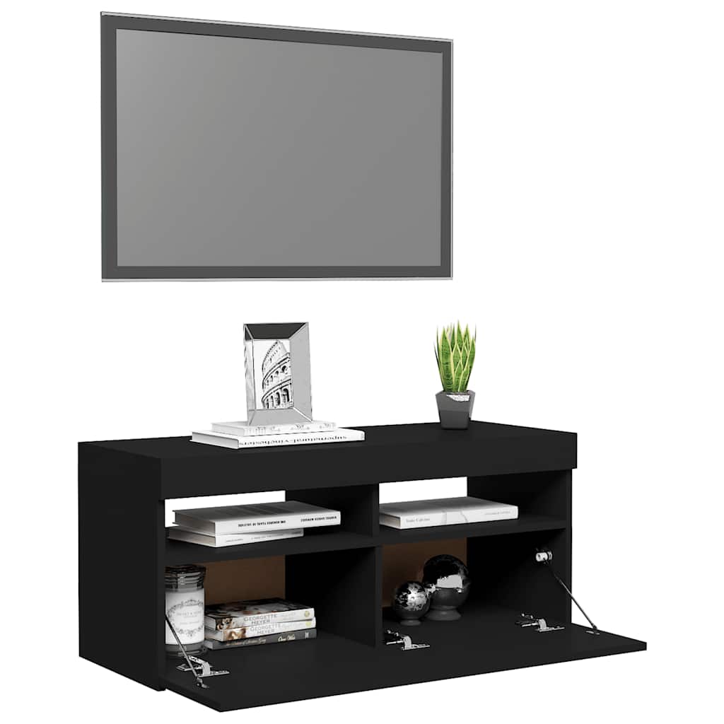 vidaXL Comodă TV cu lumini LED, negru, 90x35x40 cm