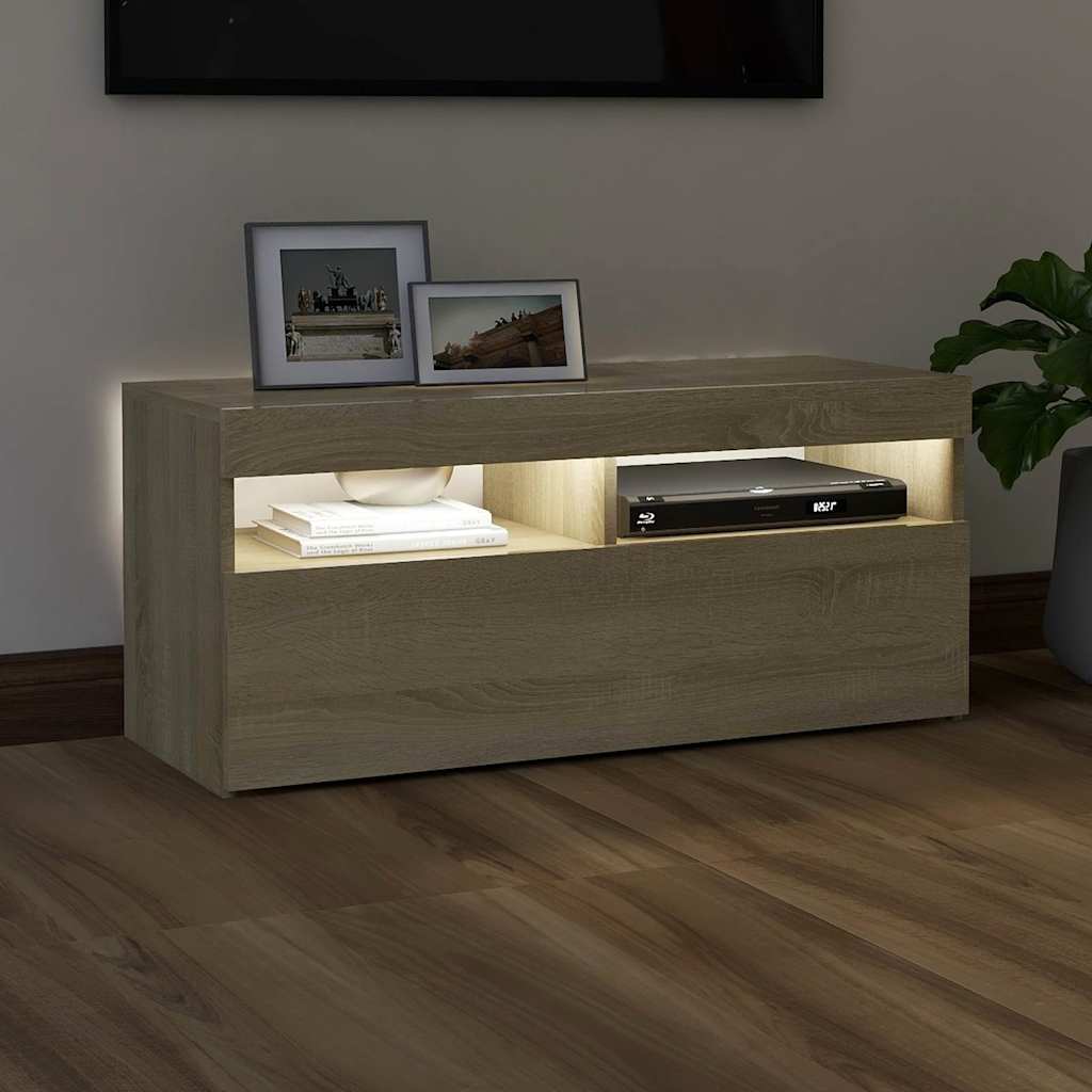 vidaXL Comodă TV cu lumini LED, stejar sonoma, 90x35x40 cm