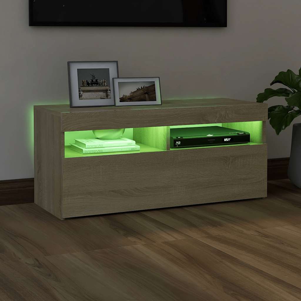 vidaXL Comodă TV cu lumini LED, stejar sonoma, 90x35x40 cm