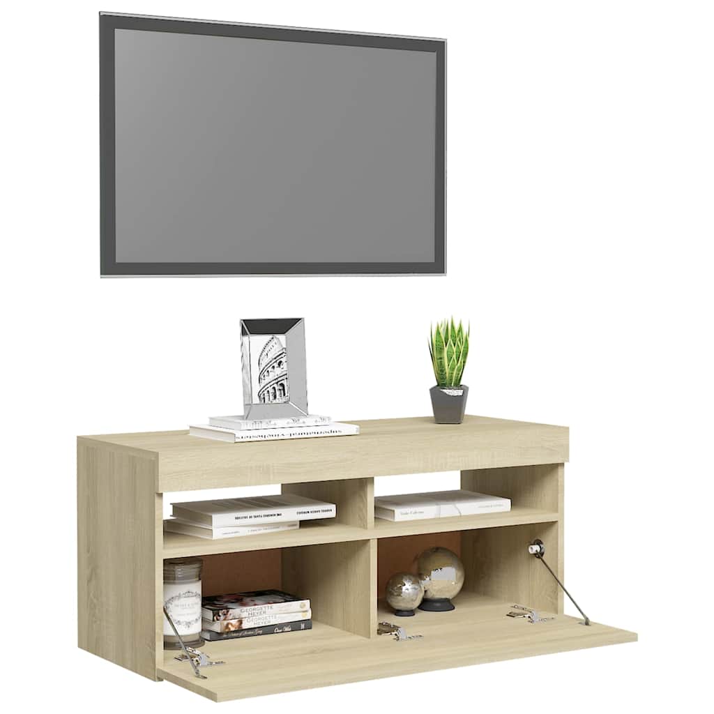 vidaXL Comodă TV cu lumini LED, stejar sonoma, 90x35x40 cm