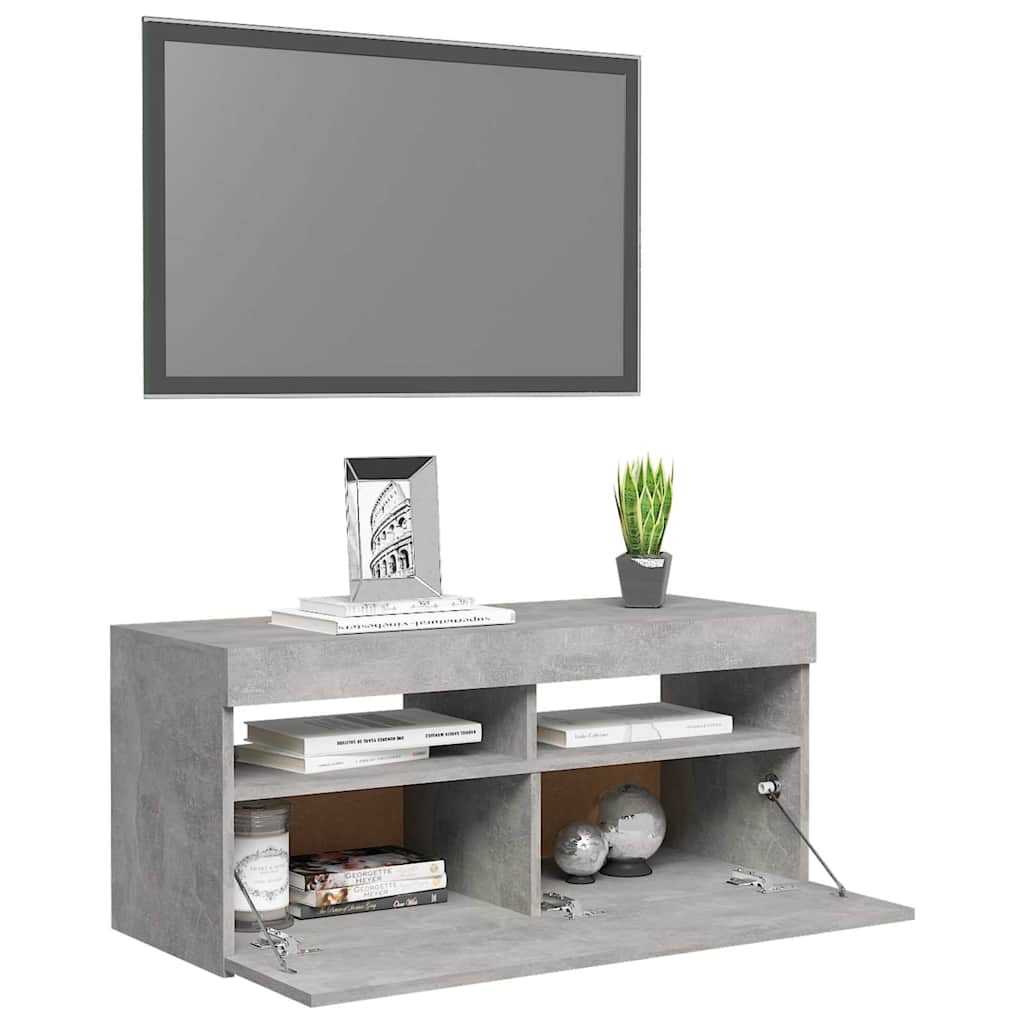 vidaXL Comodă TV cu lumini LED, gri beton, 90x35x40 cm vidaXL Comodă TV cu lumini LED, gri beton, 90x35x40 cm