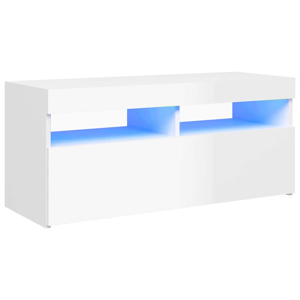 vidaXL Comodă TV cu lumini LED, alb extralucios, 90x35x40 cm vidaXL Comodă TV cu lumini LED, alb extralucios, 90x35x40 cm