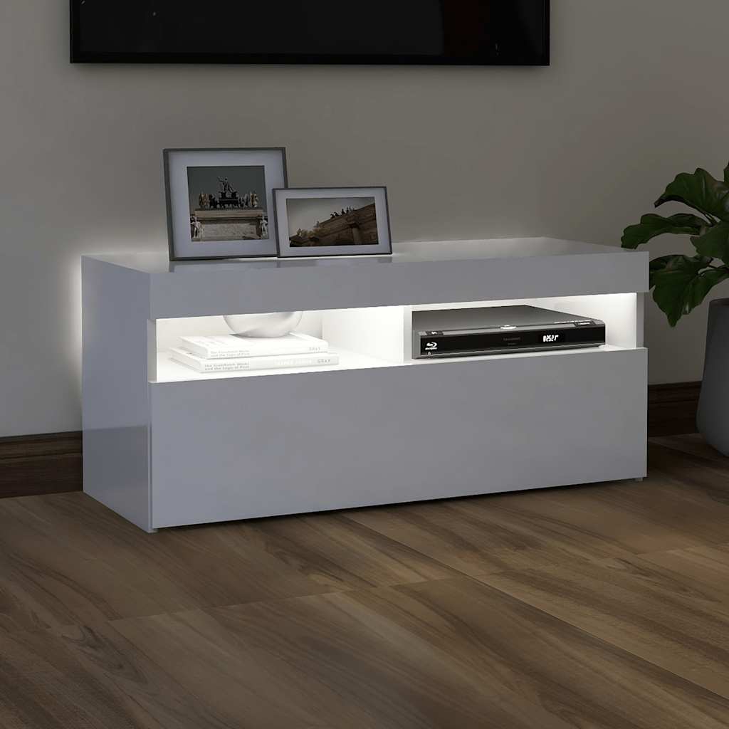 vidaXL Comodă TV cu lumini LED, alb extralucios, 90x35x40 cm vidaXL Comodă TV cu lumini LED, alb extralucios, 90x35x40 cm
