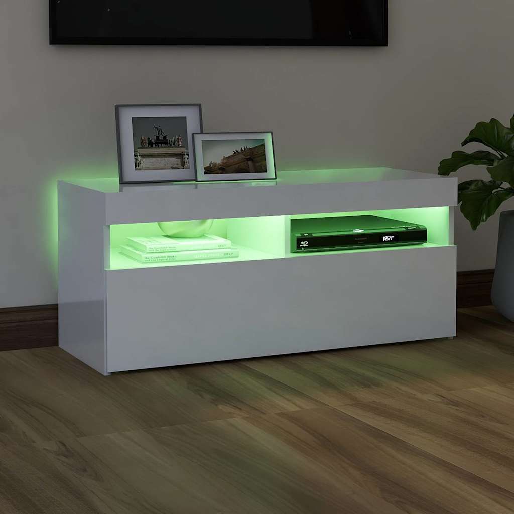 vidaXL Comodă TV cu lumini LED, alb extralucios, 90x35x40 cm vidaXL Comodă TV cu lumini LED, alb extralucios, 90x35x40 cm
