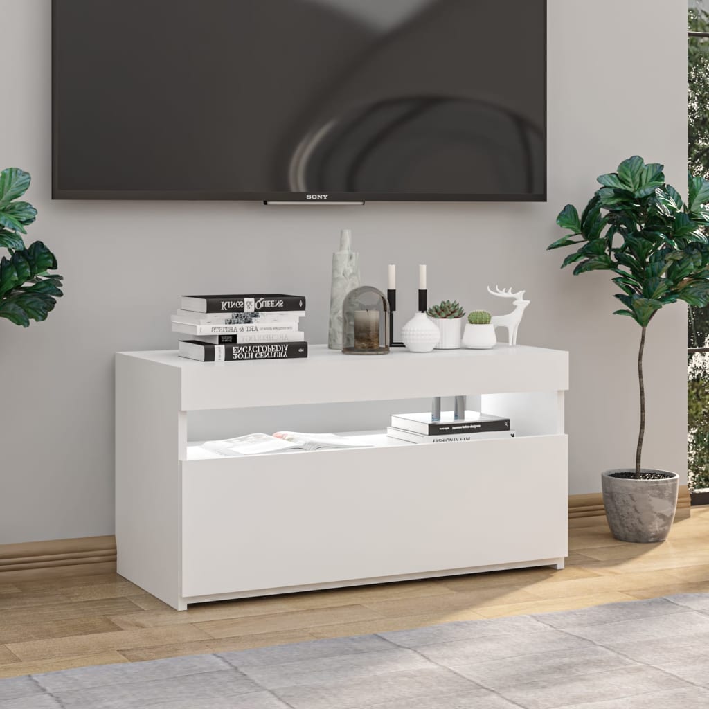 vidaXL Comodă TV cu lumini LED, alb extralucios, 75x35x40 cm