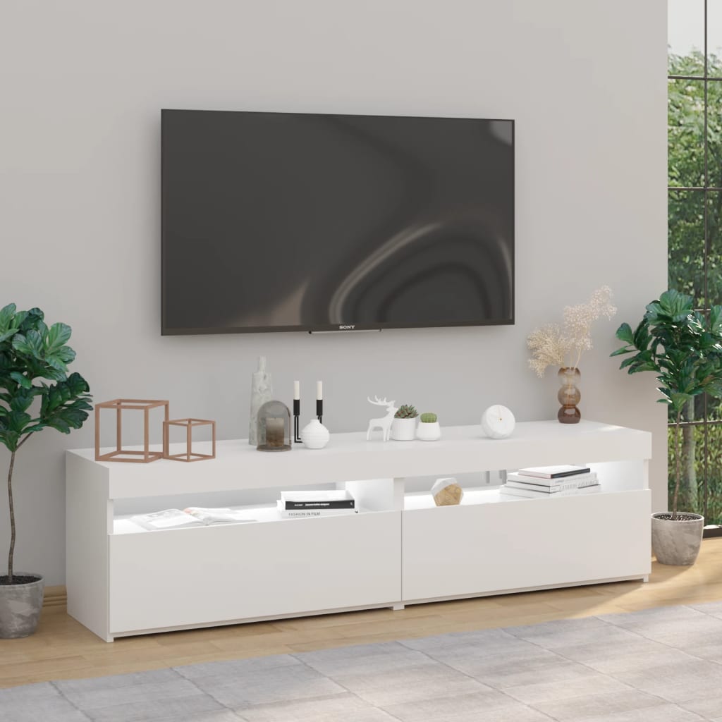 vidaXL Comode TV cu lumini LED, 2 buc., alb extralucios, 75x35x40 cm