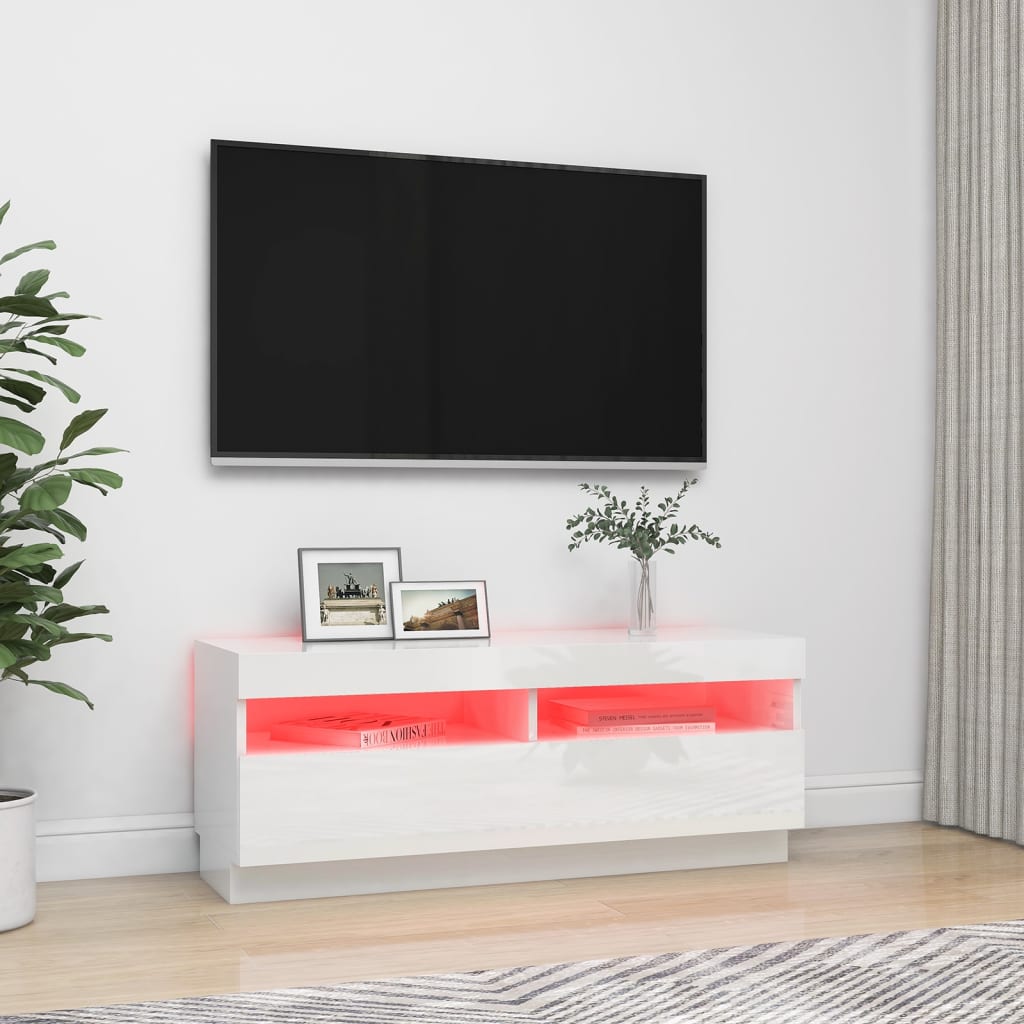 vidaXL Comodă TV cu lumini LED, alb extralucios, 100x35x40 cm vidaXL Comodă TV cu lumini LED, alb extralucios, 100x35x40 cm