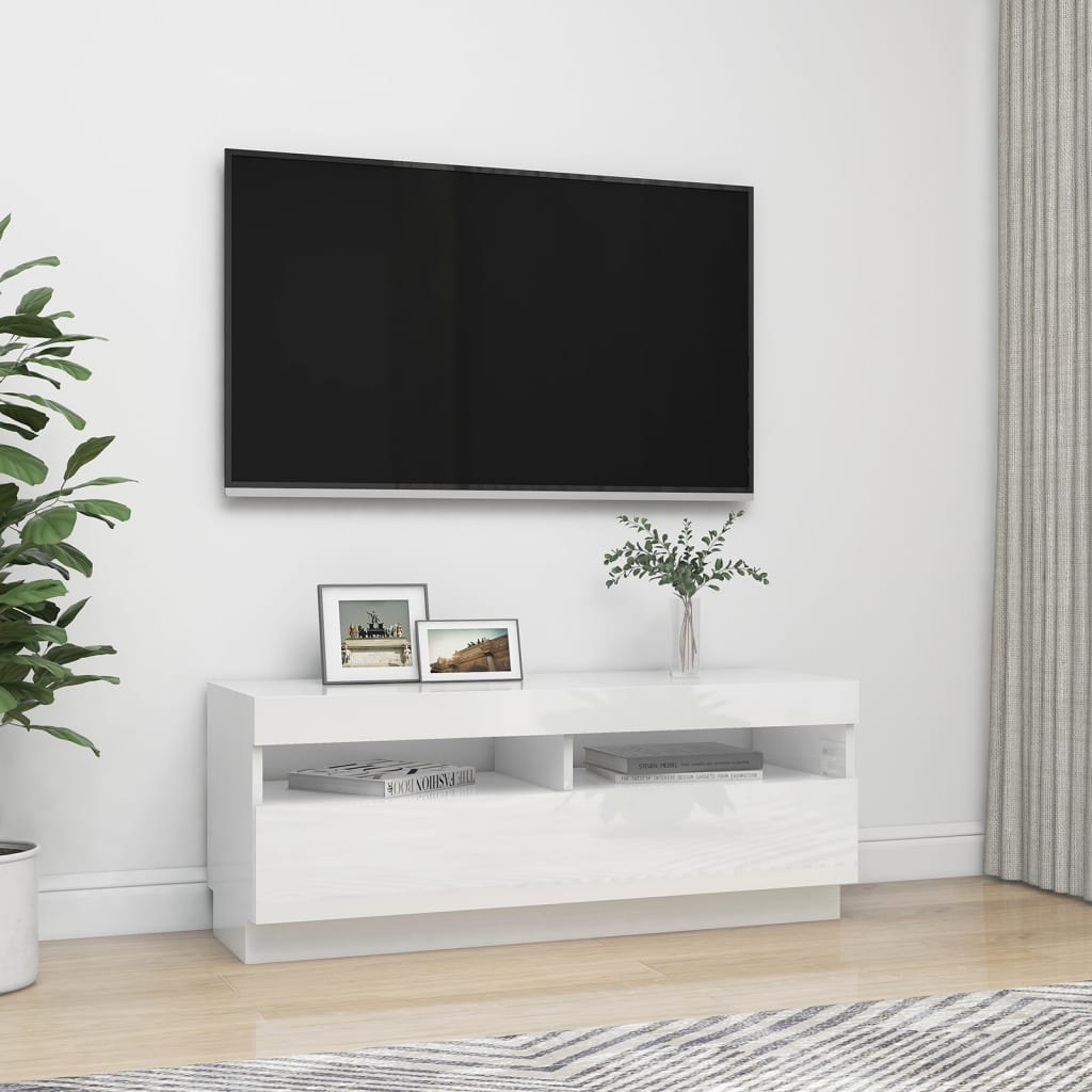 vidaXL Comodă TV cu lumini LED, alb extralucios, 100x35x40 cm vidaXL Comodă TV cu lumini LED, alb extralucios, 100x35x40 cm