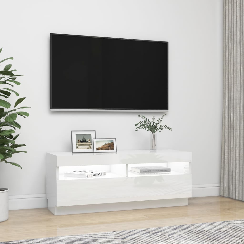 vidaXL Comodă TV cu lumini LED, alb extralucios, 100x35x40 cm vidaXL Comodă TV cu lumini LED, alb extralucios, 100x35x40 cm