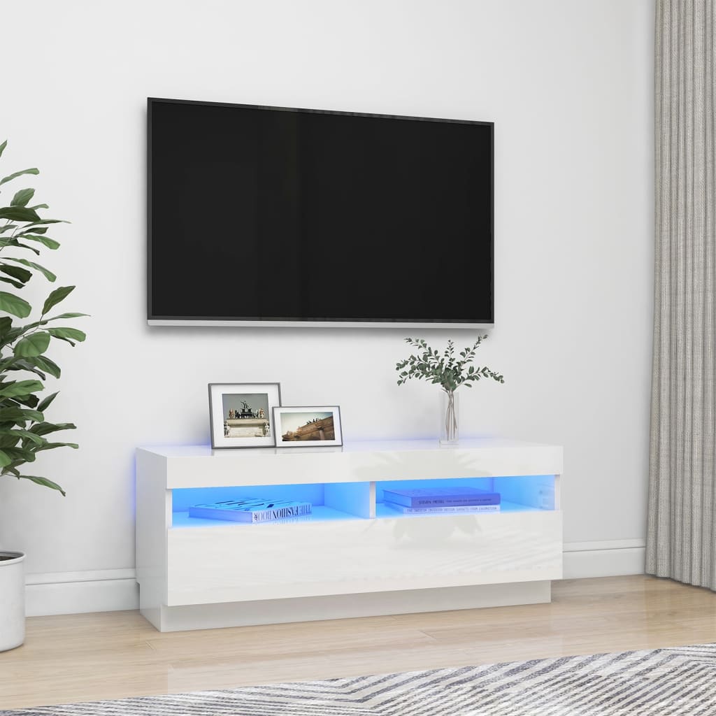 vidaXL Comodă TV cu lumini LED, alb extralucios, 100x35x40 cm vidaXL Comodă TV cu lumini LED, alb extralucios, 100x35x40 cm