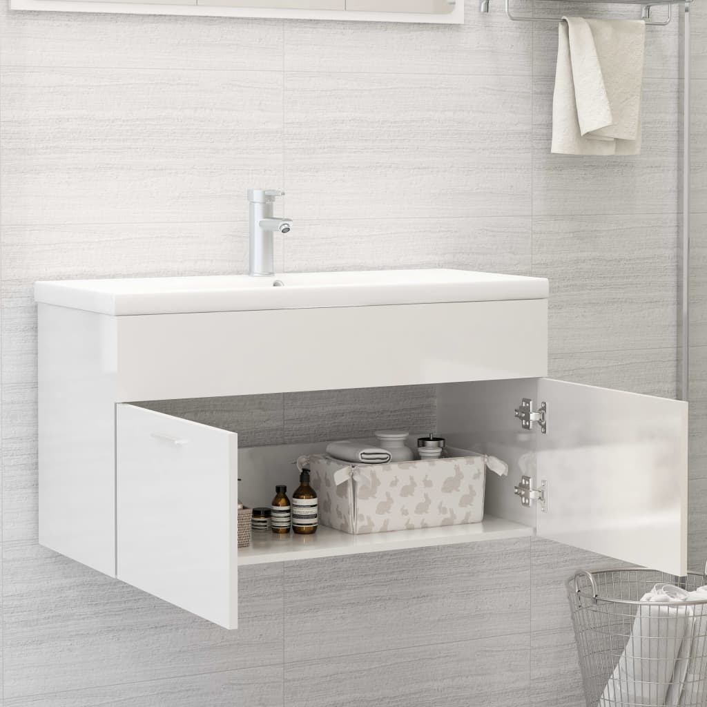 vidaXL Dulap de chiuvetă, alb extralucios, 90x38,5x46 cm, PAL vidaXL Dulap de chiuvetă, alb extralucios, 90x38,5x46 cm, PAL