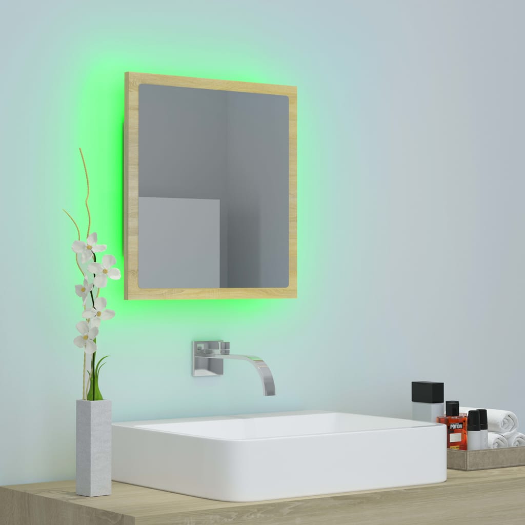 vidaXL Oglindă de baie cu LED, stejar sonoma, 40x8,5x37 cm, acril