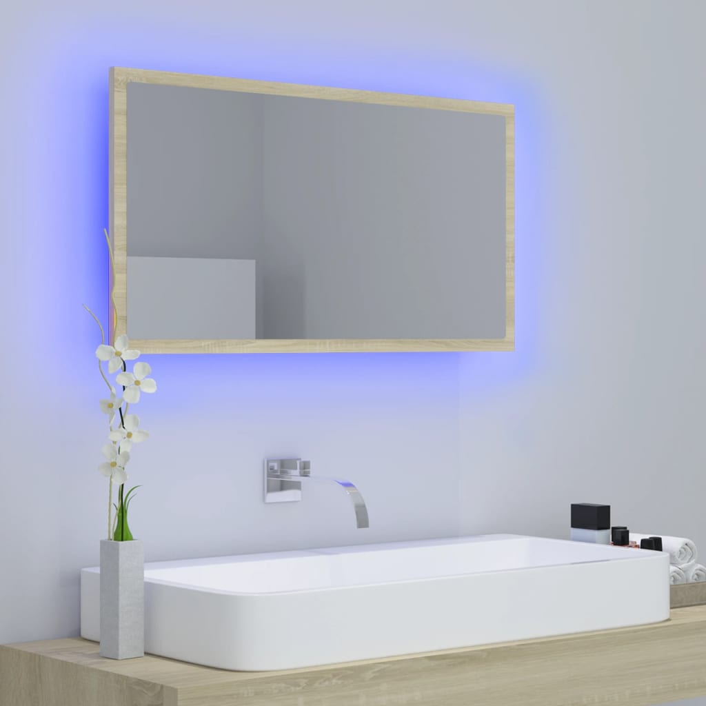 vidaXL Oglindă de baie cu LED, stejar sonoma, 80x8,5x37 cm, acril