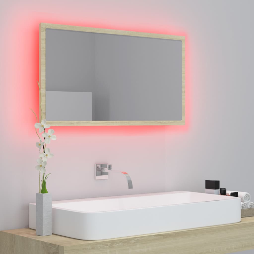 vidaXL Oglindă de baie cu LED, stejar sonoma, 80x8,5x37 cm, acril