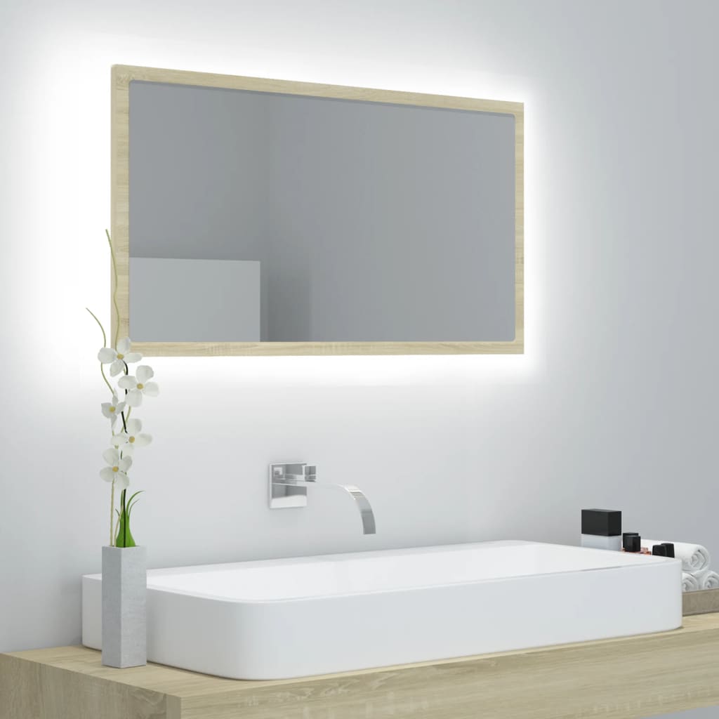 vidaXL Oglindă de baie cu LED, stejar sonoma, 80x8,5x37 cm, acril