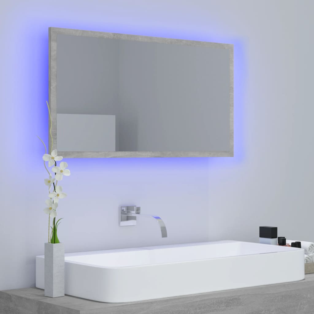 vidaXL Oglindă de baie cu LED, gri beton, 80x8,5x37 cm, acril