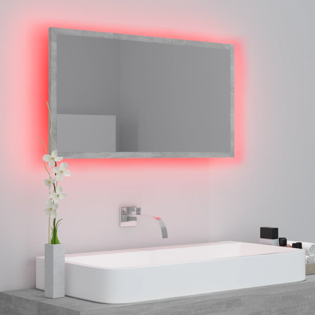 vidaXL Oglindă de baie cu LED, gri beton, 80x8,5x37 cm, acril