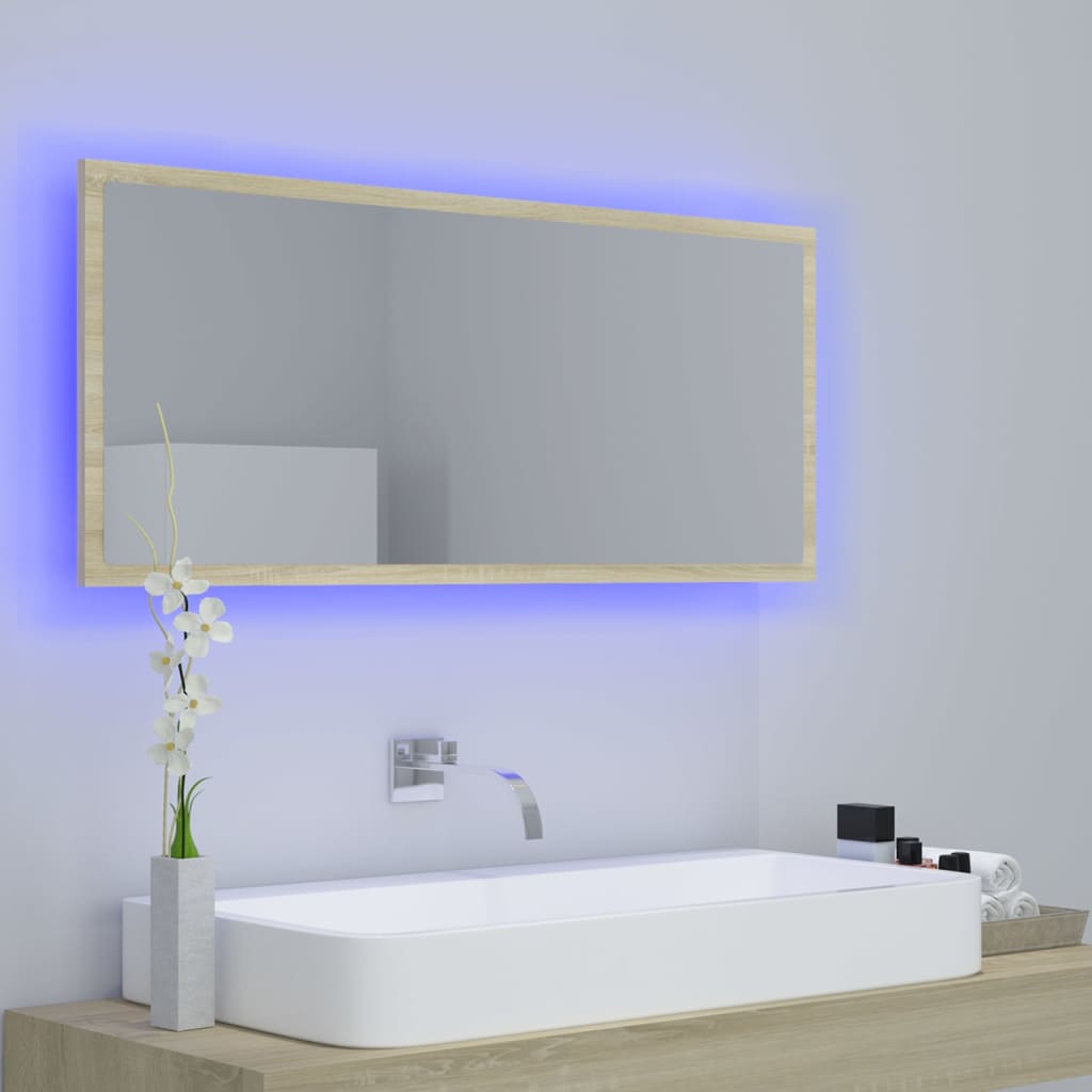 vidaXL Oglindă de baie cu LED, stejar sonoma, 100x8,5x37 cm, acril