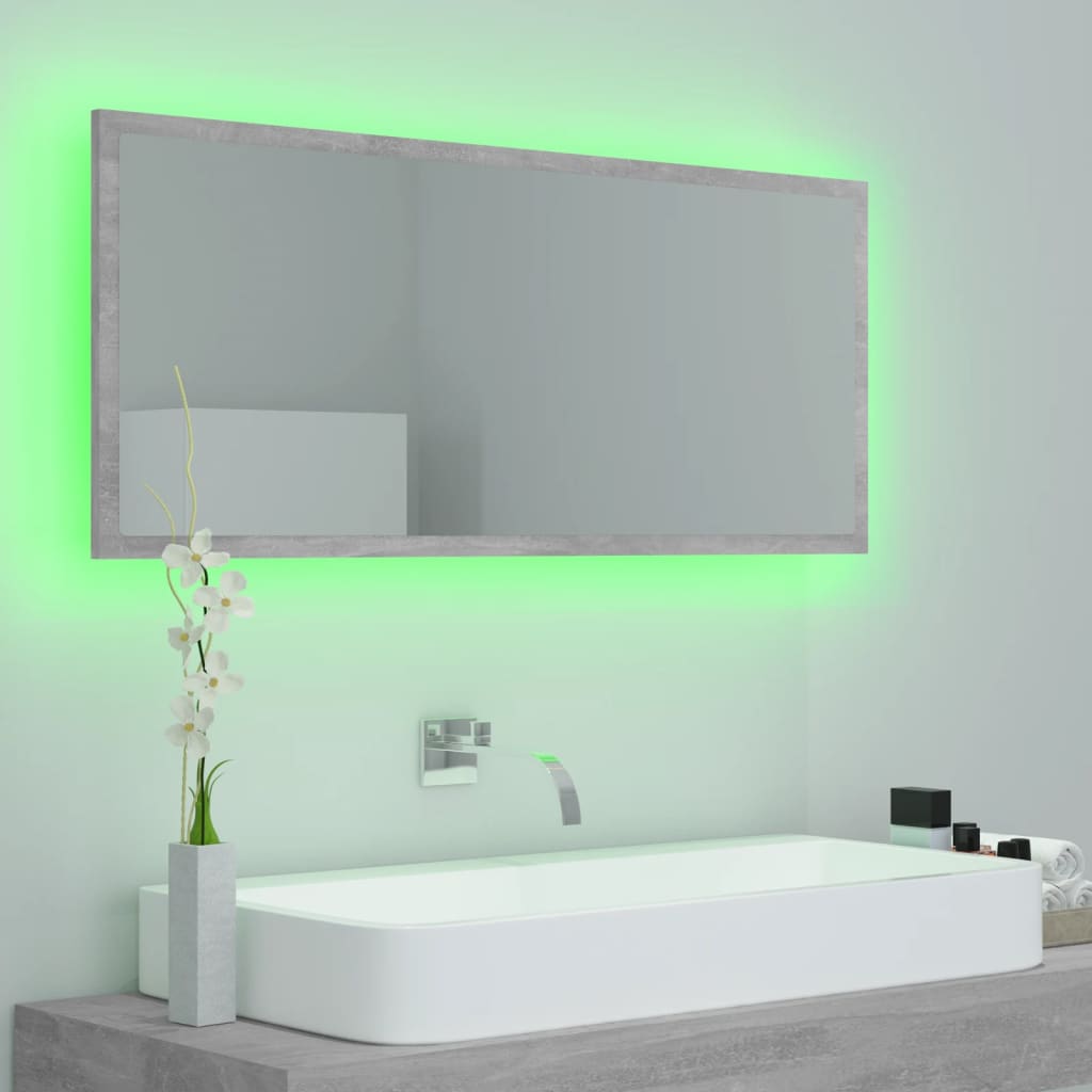 vidaXL Oglindă de baie cu LED, gri beton, 100x8,5x37 cm, acril