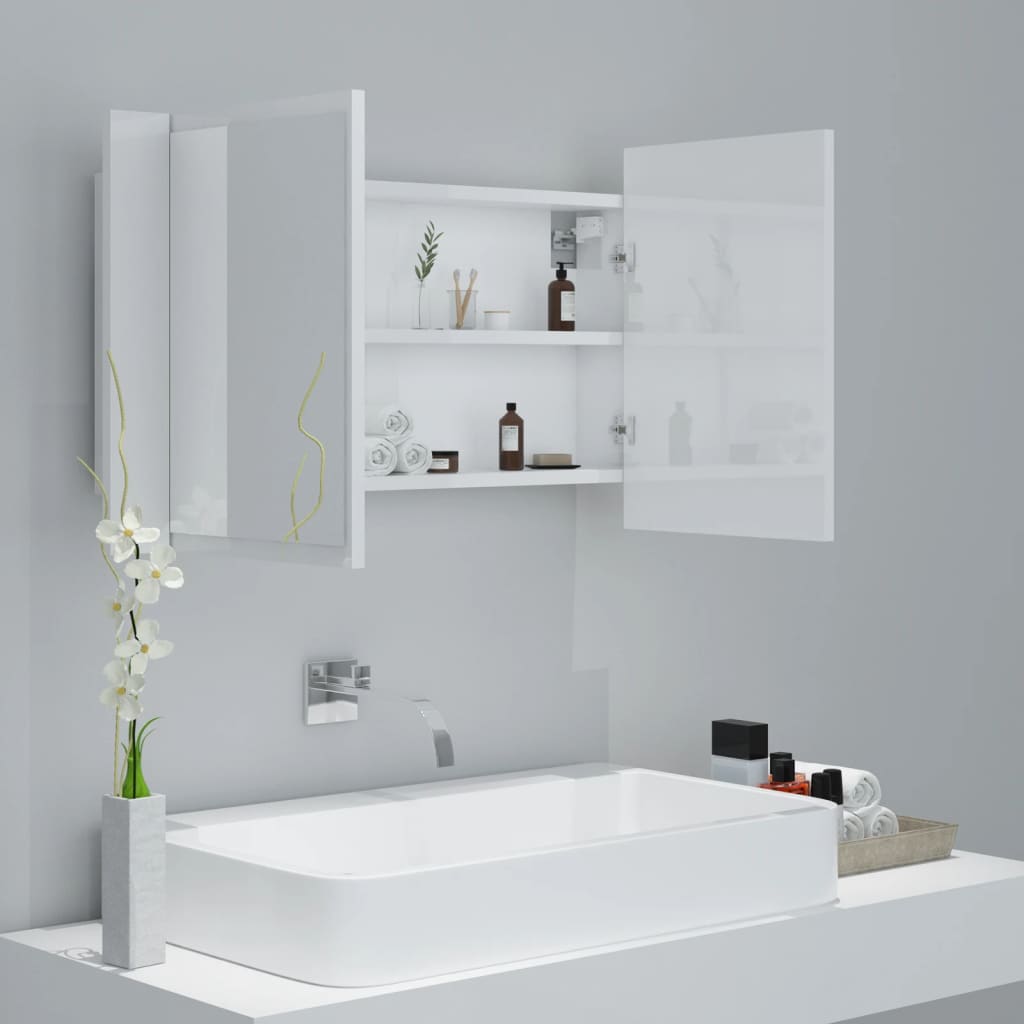 vidaXL Dulap de baie cu oglindă și LED, alb extralucios 80x12x45 acril
