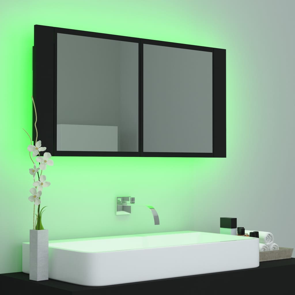 vidaXL Dulap de baie cu oglindă și LED, negru, 90x12x45 cm acril vidaXL Dulap de baie cu oglindă și LED, negru, 90x12x45 cm acril