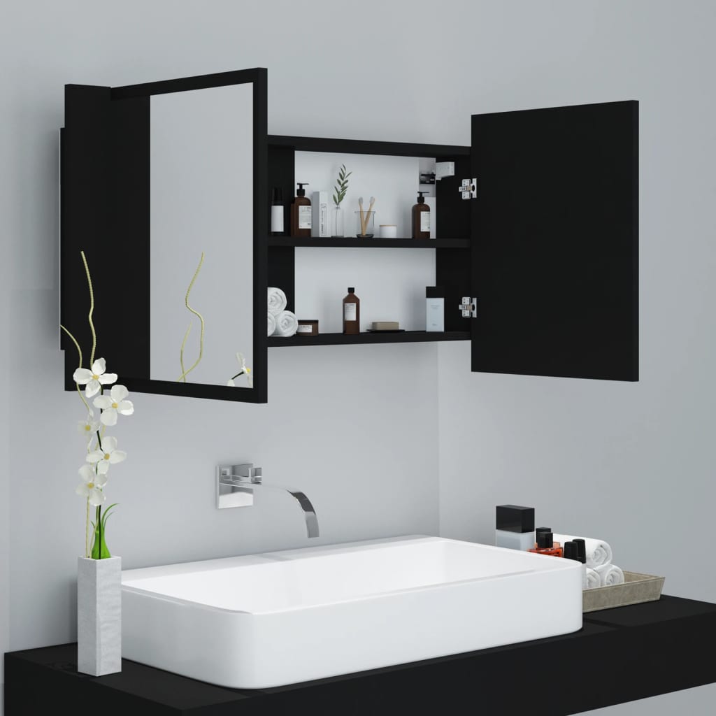 vidaXL Dulap de baie cu oglindă și LED, negru, 90x12x45 cm acril vidaXL Dulap de baie cu oglindă și LED, negru, 90x12x45 cm acril