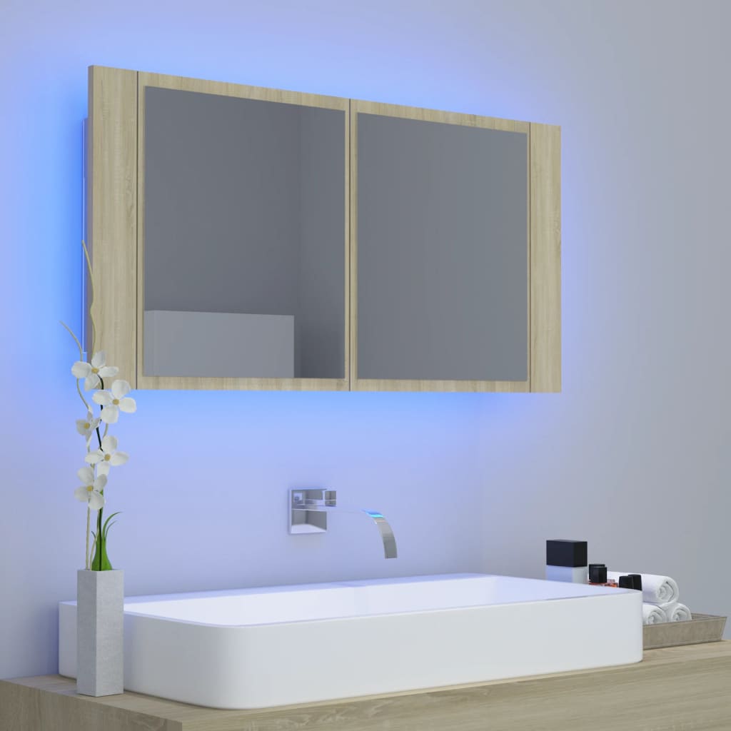 vidaXL Dulap de baie cu oglindă și LED, stejar Sonoma, 90x12x45 acril vidaXL Dulap de baie cu oglindă și LED, stejar Sonoma, 90x12x45 acril