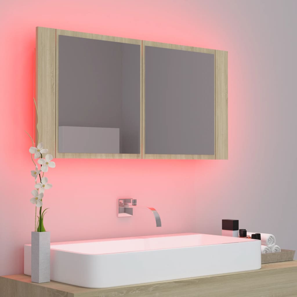 vidaXL Dulap de baie cu oglindă și LED, stejar Sonoma, 90x12x45 acril vidaXL Dulap de baie cu oglindă și LED, stejar Sonoma, 90x12x45 acril