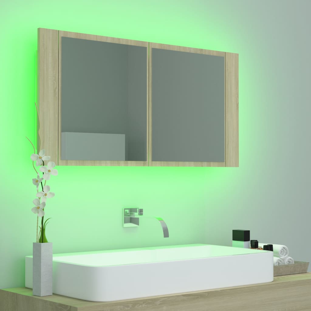 vidaXL Dulap de baie cu oglindă și LED, stejar Sonoma, 90x12x45 acril vidaXL Dulap de baie cu oglindă și LED, stejar Sonoma, 90x12x45 acril