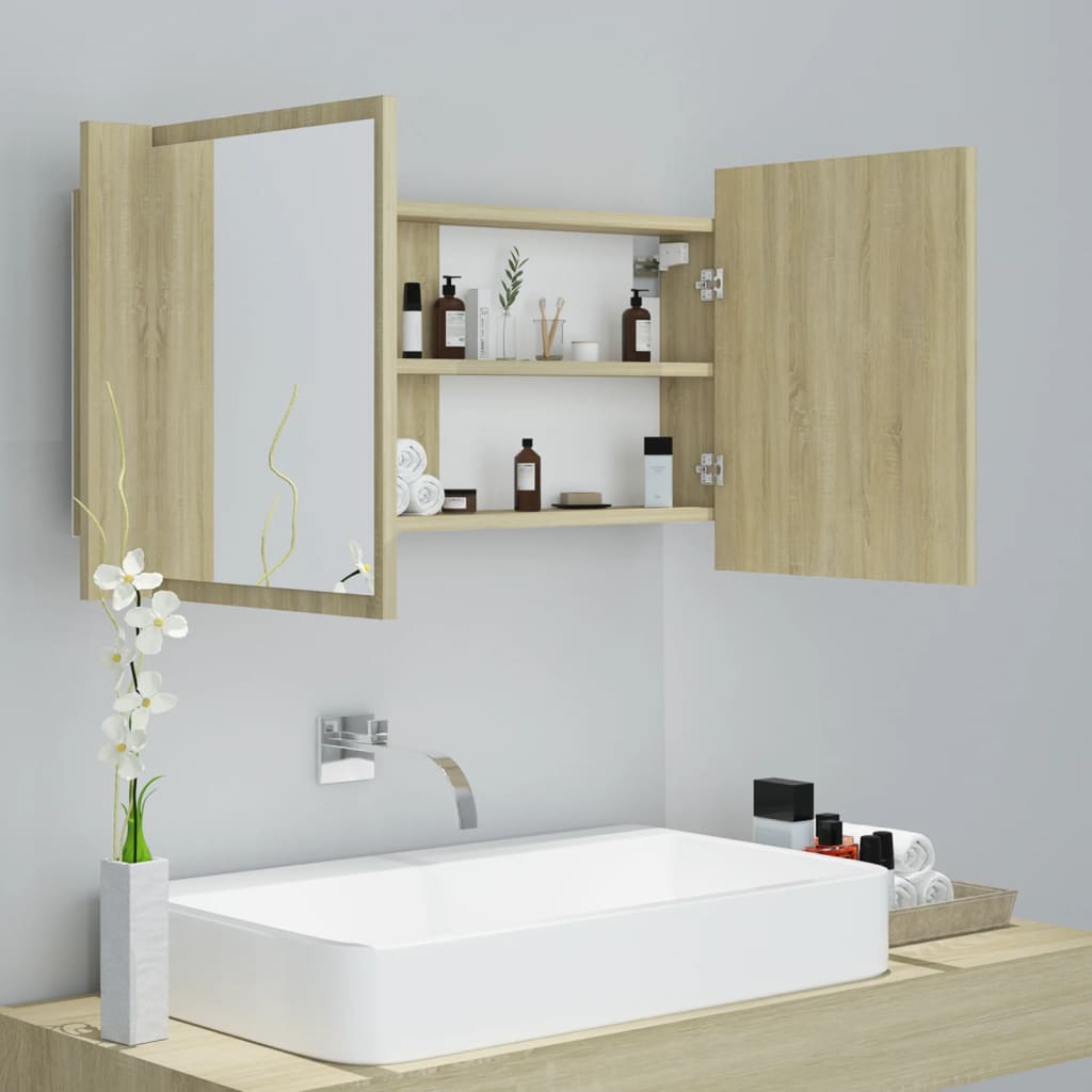 vidaXL Dulap de baie cu oglindă și LED, stejar Sonoma, 90x12x45 acril vidaXL Dulap de baie cu oglindă și LED, stejar Sonoma, 90x12x45 acril