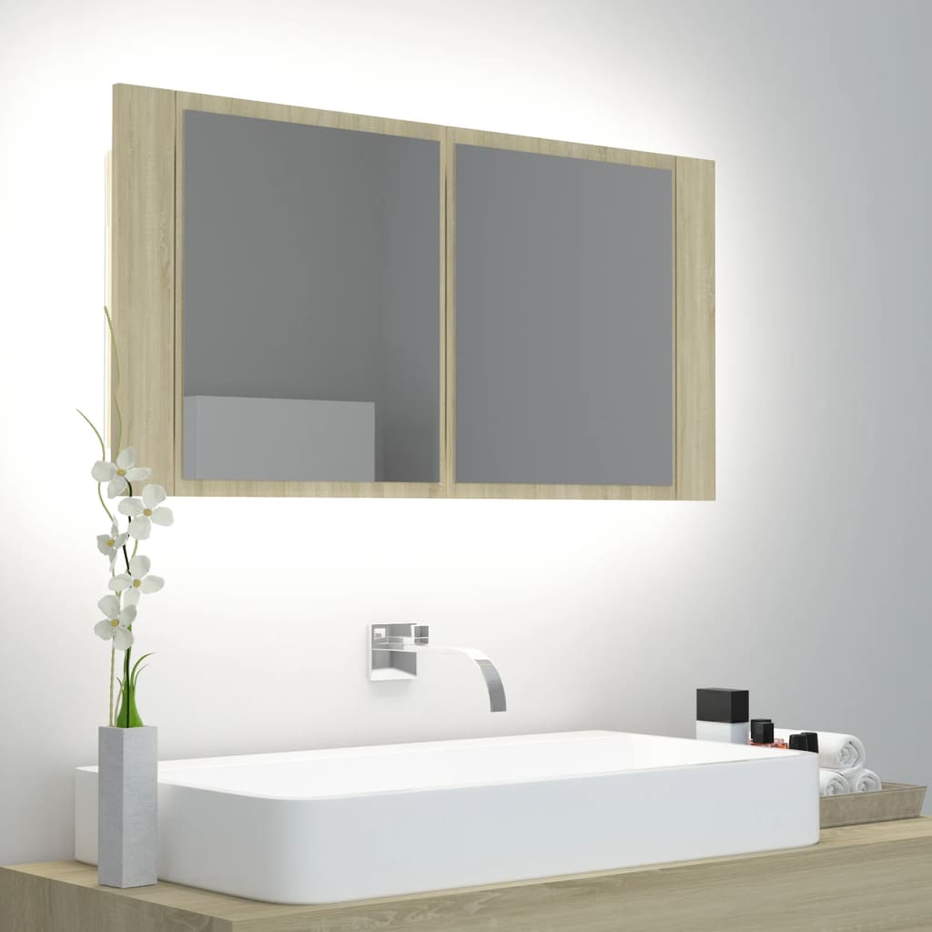 vidaXL Dulap de baie cu oglindă și LED, stejar Sonoma, 90x12x45 acril vidaXL Dulap de baie cu oglindă și LED, stejar Sonoma, 90x12x45 acril