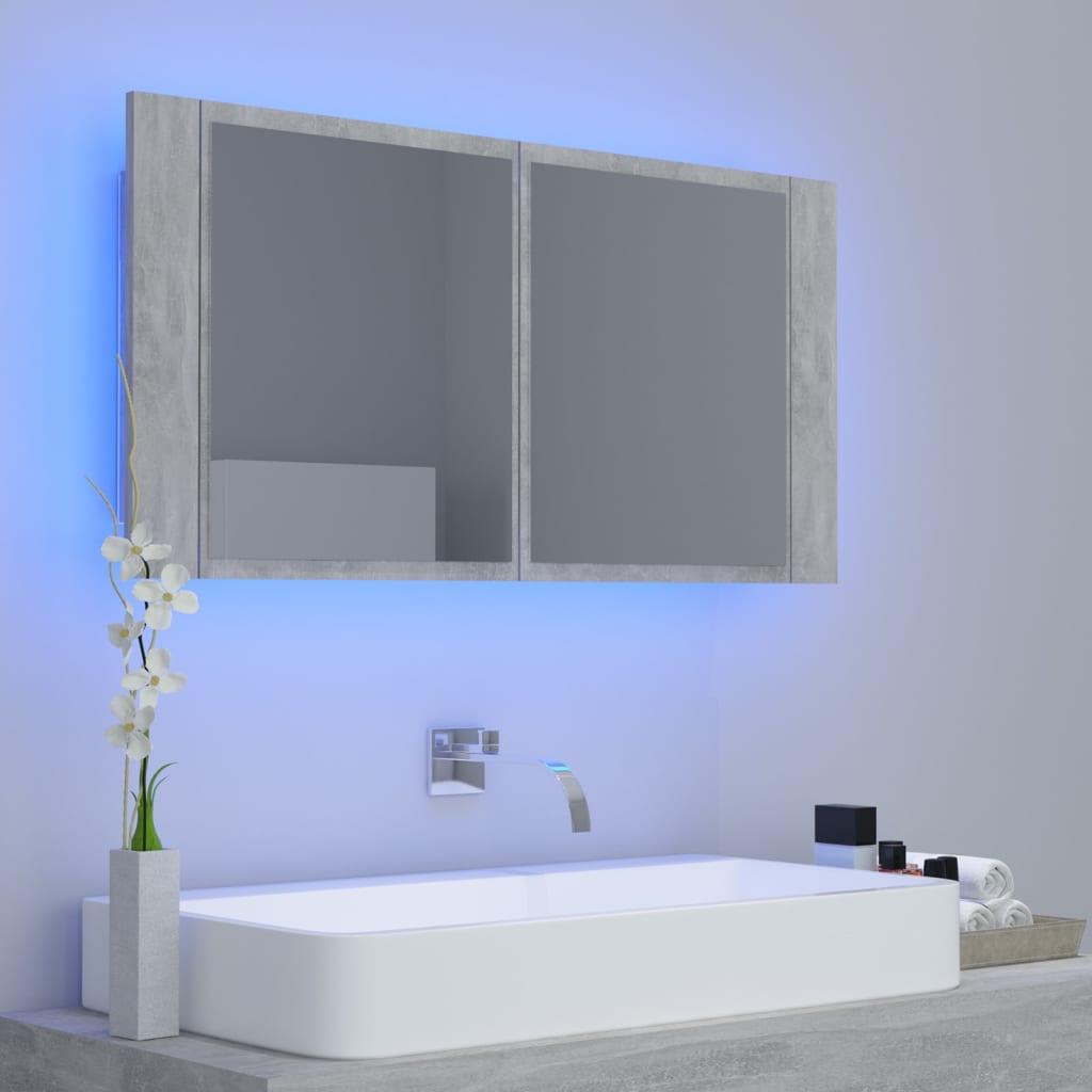 vidaXL Dulap de baie cu oglindă & LED, gri beton, 90x12x45 cm acril vidaXL Dulap de baie cu oglindă & LED, gri beton, 90x12x45 cm acril