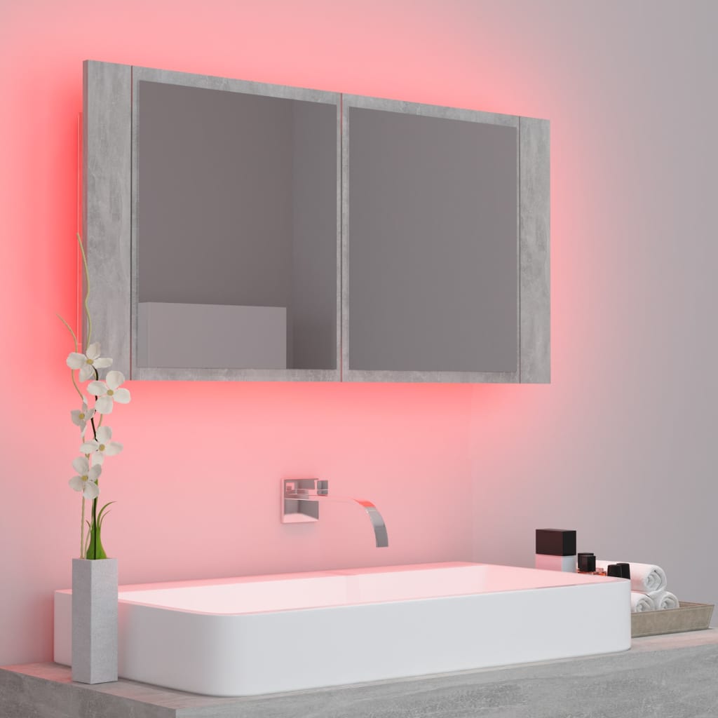 vidaXL Dulap de baie cu oglindă & LED, gri beton, 90x12x45 cm acril vidaXL Dulap de baie cu oglindă & LED, gri beton, 90x12x45 cm acril