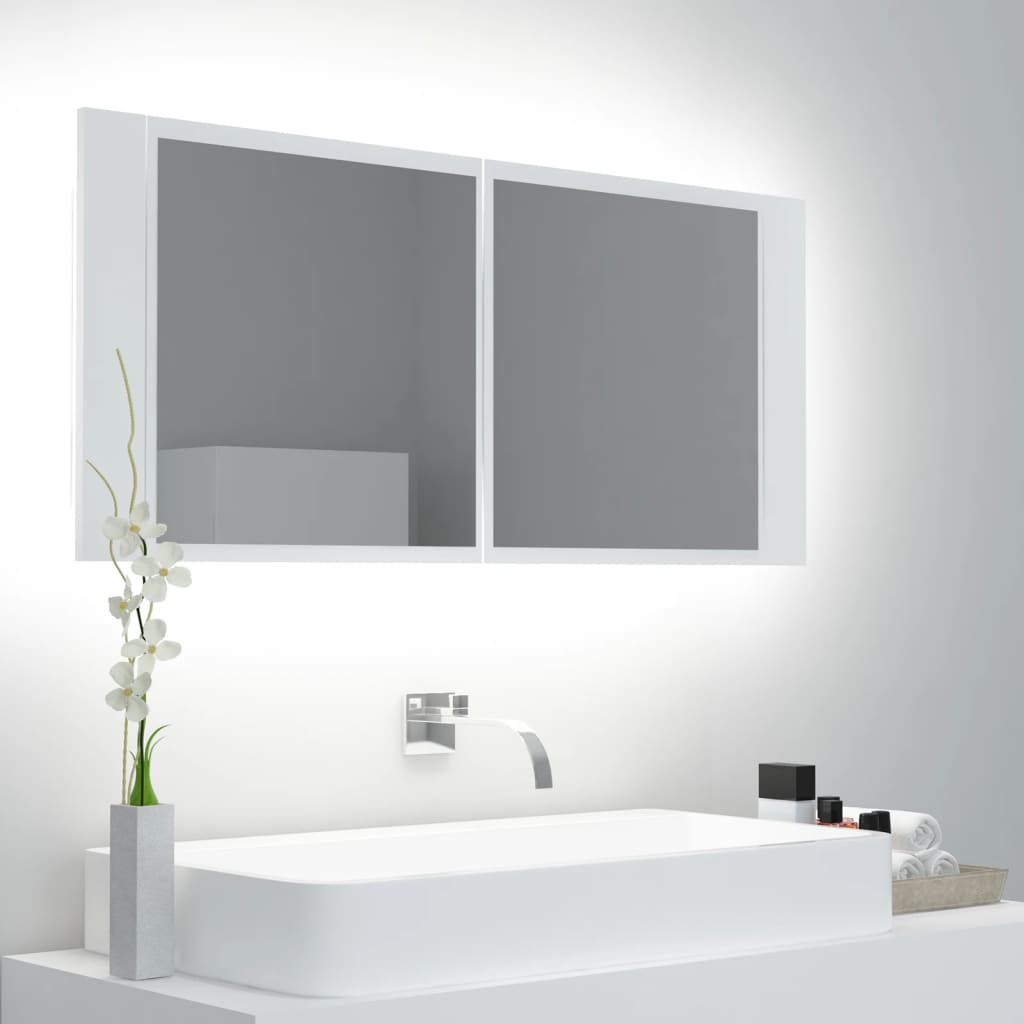 vidaXL Dulap de baie cu oglindă și LED, alb, 100x12x45 cm, acril vidaXL Dulap de baie cu oglindă și LED, alb, 100x12x45 cm, acril