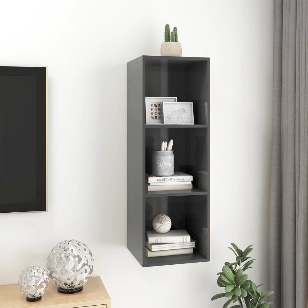 vidaXL Dulap TV montat pe perete, gri extralucios, 37x37x107 cm, PAL