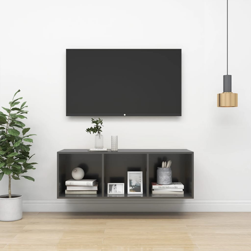 vidaXL Dulap TV montat pe perete, gri extralucios, 37x37x107 cm, PAL